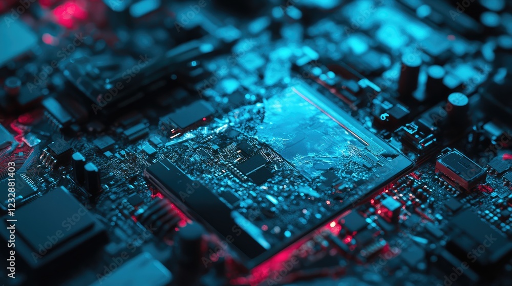 Poster closeup of a circuit board showcasing intricate electronic components
