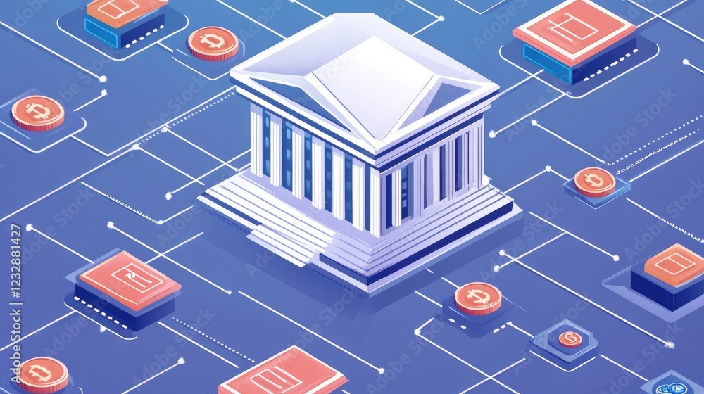 Aufkleber classical bank building integrated with cryptocurrency network