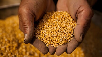 Gently rubbing golden wheat in farmer's hands showcases the beauty of harvest and connection to the land