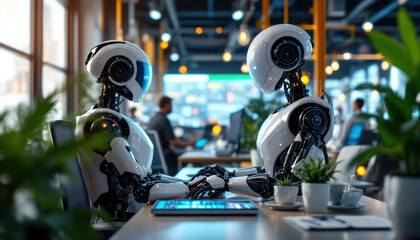 Fototapeta premium Futuristic Office: Two Advanced Robots Collaborate on a Project