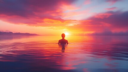 Lone surfer paddles toward the horizon at dawn under pastel skies