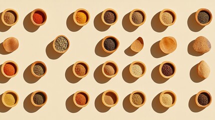 Obraz premium Assorted spices and grains in wooden bowls displayed neatly