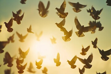 Fototapeta premium Doves fly in the sky. Christians have faith in Holy Spirit. Silhouette worship to god with love Faith, Spirit and jesus christ. Christian praying for peace. International peace day.