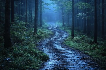 Obraz premium Dark forest path winding through misty trees at twilight