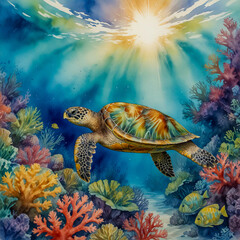 Obraz premium watercolor painting showcases a sea turtle gracefully swimming through a vibrant coral reef