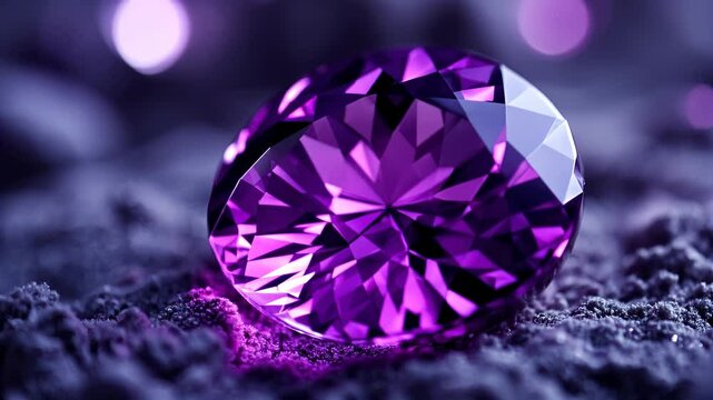Glittering amethyst gemstone on velvet surface illuminated by soft purple light