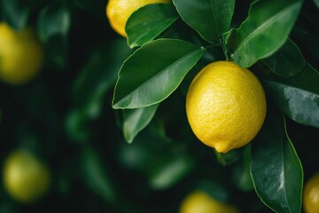 ripe yellow lemon hanging on a tree branch surrounded by green leaves