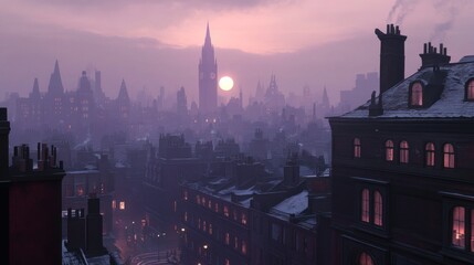 A Cityscape at Sunset with a Tall Clock Tower