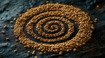 Seeds arranged in a spiral design on a textured surface creating an intricate pattern
