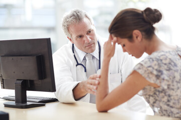 Doctor, woman patient and empathy in office, planning treatment and explain medicine. Physician,...