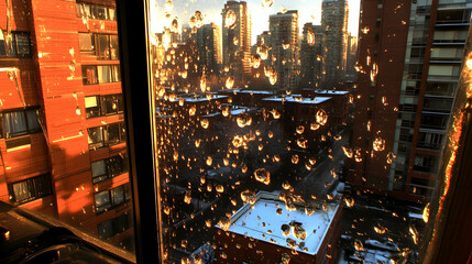 Naklejka premium Rain-streaked window view of city buildings at sunset.