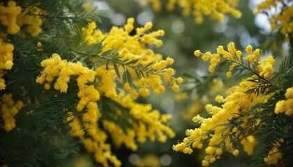 The branch of the flowering mimosa in the sunrays.
