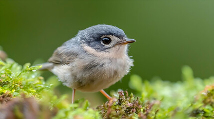 Cute bird perched on moss, forest background, wildlife photography, nature poster