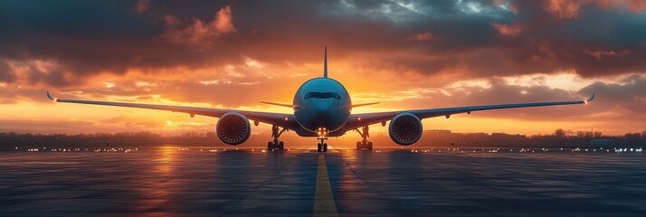 Passenger plane prepares for takeoff on runway during vibrant sunset with dramatic skies