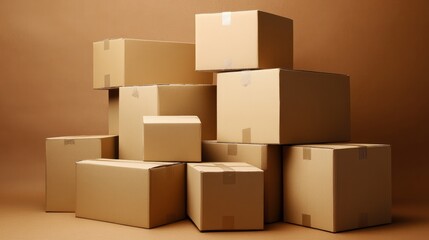 A group of neatly stacked cardboard boxes set against a brown background