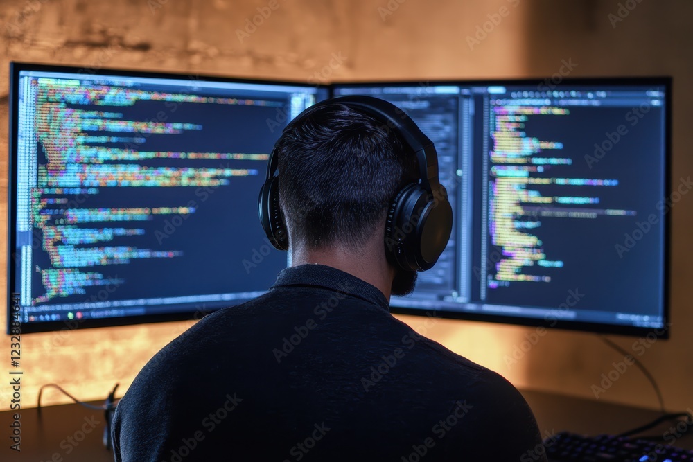 Poster programmer works intently on code with dual monitors in a dimly lit environment