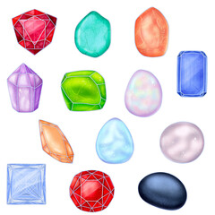  Colorful Gemstones and Crystals Illustration Set