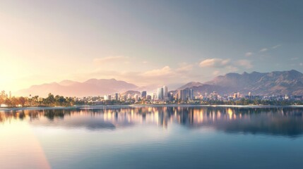 Calm Cityscape Sunrise Over Mountains And Lake