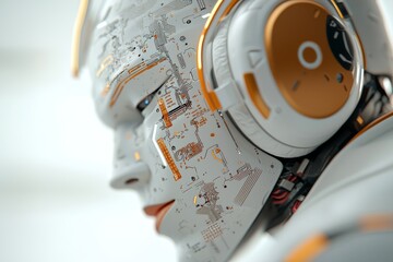 Fototapeta premium A side view of a humanoid head featuring blue and yellow eyes, adorned with a vibrant neon neural network, symbolizing futuristic technology and stock