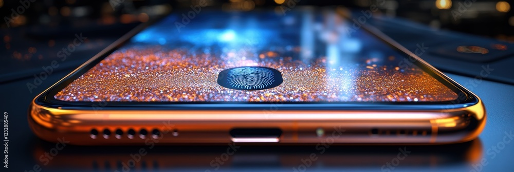 Poster smartphone displaying biometric fingerprint scanning on screen with vibrant background