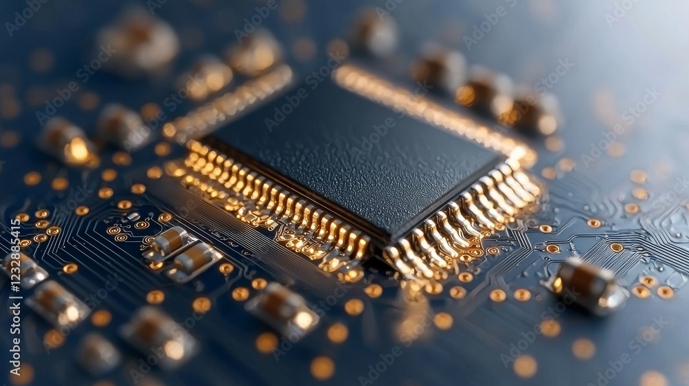 Poster a close-up view of a modern gpu chip designed for ai and data networks, featuring circuitry illumina
