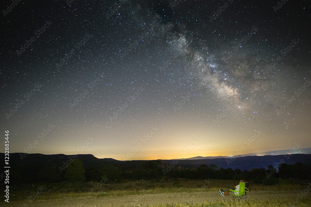 Wall mural landscape with blue milky way. night sky with stars at mountains, universe, beautiful mountain valle