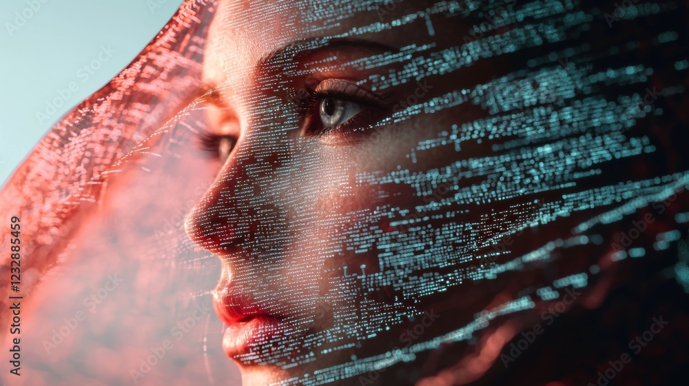 Poster a futuristic stock computer head depicted in side profile with radiant lines and data flowing throug