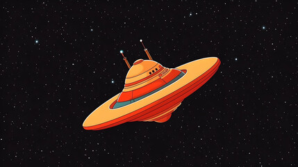 Retro spaceship flying through starry night.