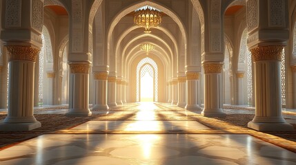 Fototapeta premium Islamic architecture archway with sunlight pouring in, traditional design and peaceful atmosphere 