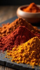Assorted spice powders, rich hues, wooden surface , organic, still life