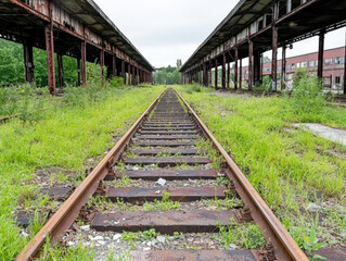 Abandoned railway track overgrown with grass and rust, leading to empty warehouses