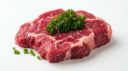 Fototapeta premium A raw beef cut garnished with parsley, isolated on a white background