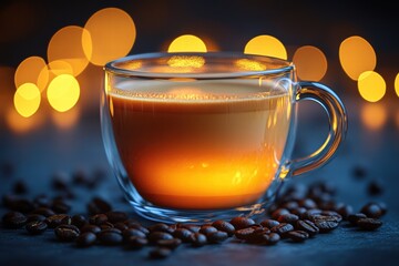 Coffee in a transparent cup glowing warmly amidst scattered coffee beans and blurred lights