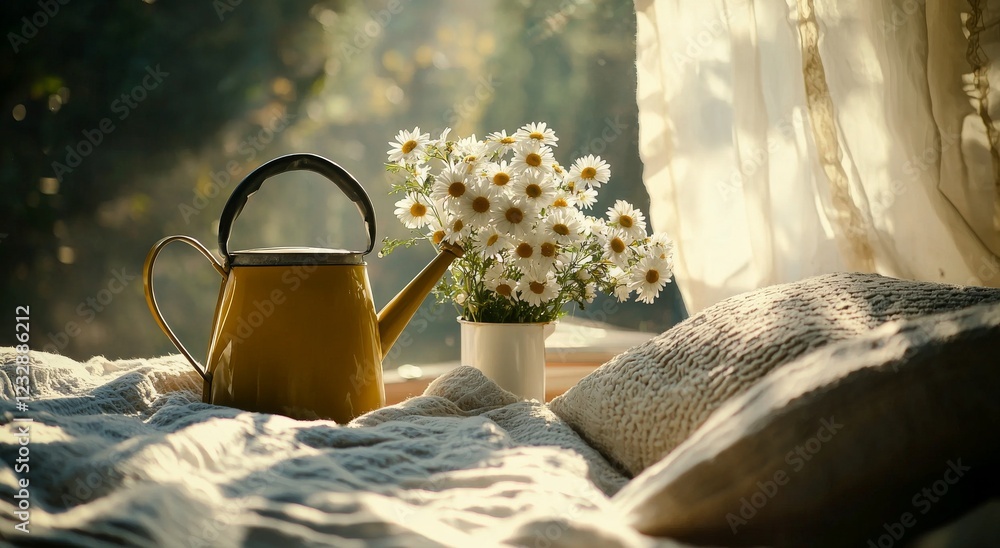 Poster a 3d rendering and illustration featuring spring flowers in yellow, held in a watering can against a