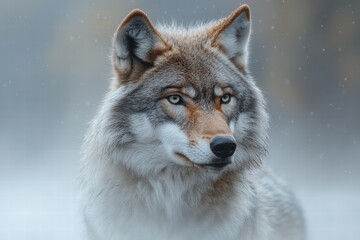 Fototapeta premium Mysterious wolf emerges from thick fog in a serene wilderness setting