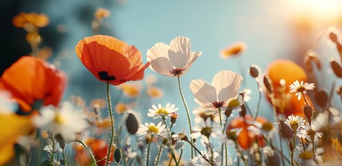 Obraz premium A breathtaking spring scene with a variety of colorful wildflowers blooming in a verdant meadow on a sunny blue day, generated by AI