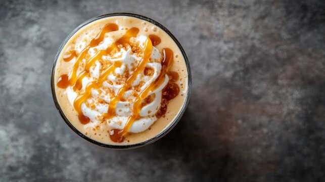 A top-down view of a glass filled with delicious caramel frappe against a grey background