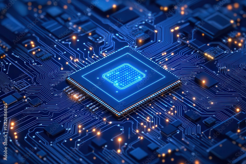 Poster detailed view of ai chipset with electronic circuit board design in a futuristic setting. generative