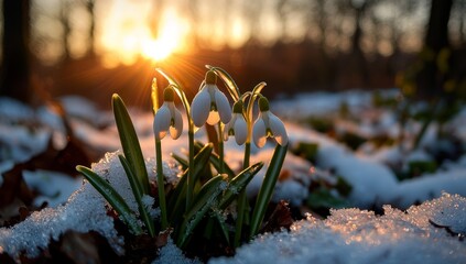 Snowdrop flowers (Galanthus nivalis) emerge beneath the snow in a spring forest. From dawn until sunset. As the thaw begins, spring arrives with warmer weather. Celebrate Snowdrop Day on April 19