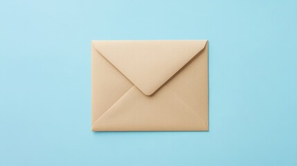 A top-view of an envelope with a blank letter on a light blue background