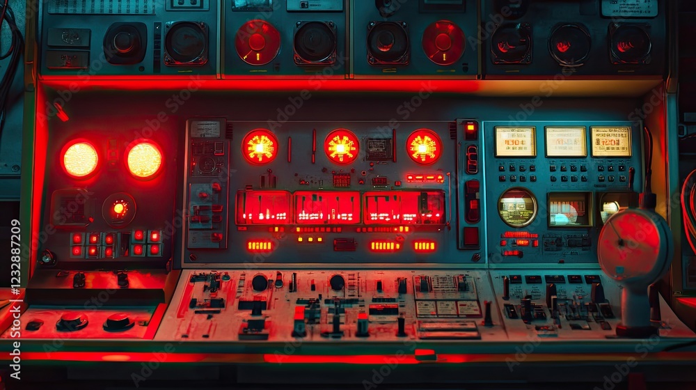 Poster Retro Control Panel With Illuminated Gauges And Switches