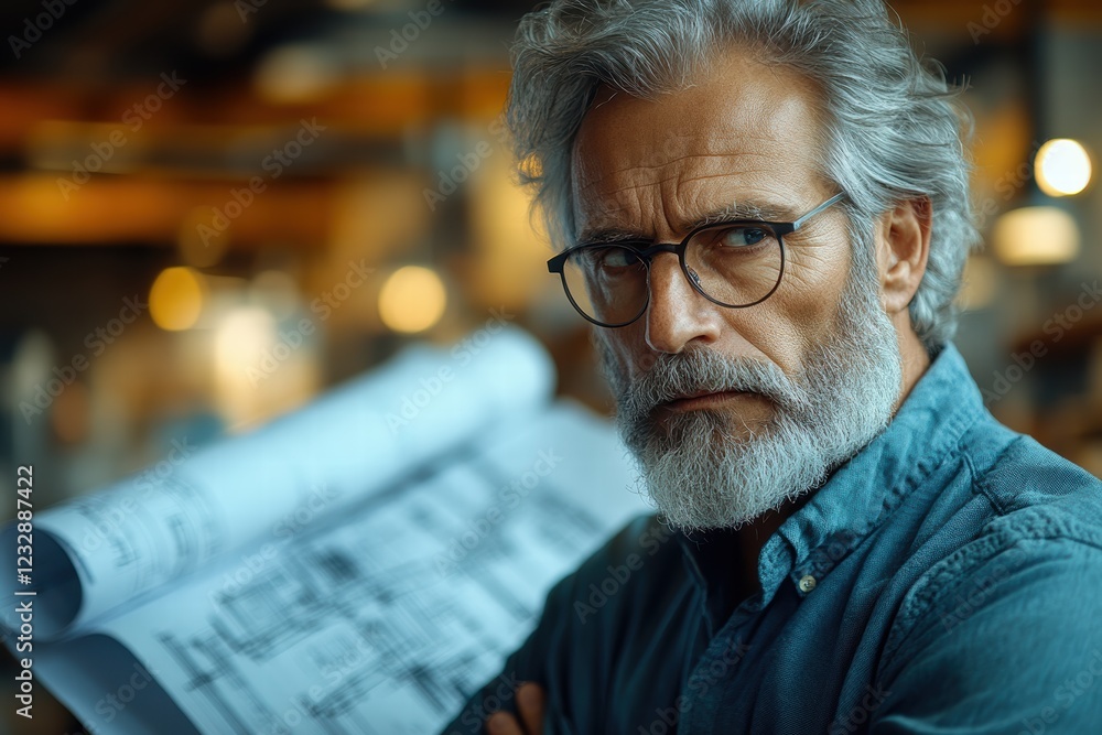 Poster experienced architect evaluates blueprints in a modern office workspace