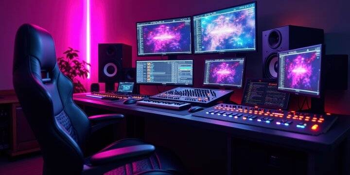 A modern, illuminated audio and video editing studio featuring multiple screens, sound equipment, and a sleek gaming chair, perfect for creators and tech enthusiasts.