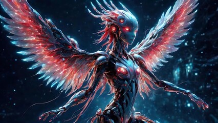 angle wallpaper fine art photography-style depiction of a futuristic robotic bird transforming into a humanoid android with flowing metallic red hair