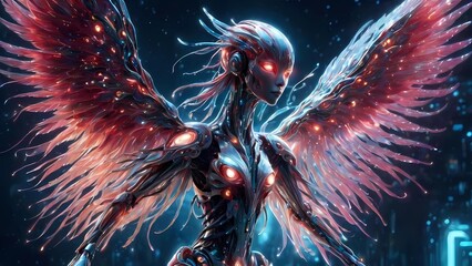 angle wallpaper fine art photography-style depiction of a futuristic robotic bird transforming into a humanoid android with flowing metallic red hair