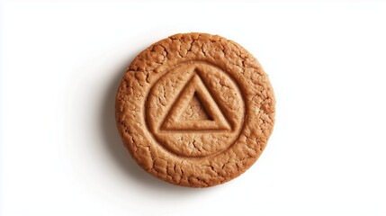 Circular cookie with the triangle simple icon on it, isolated on solid white background.