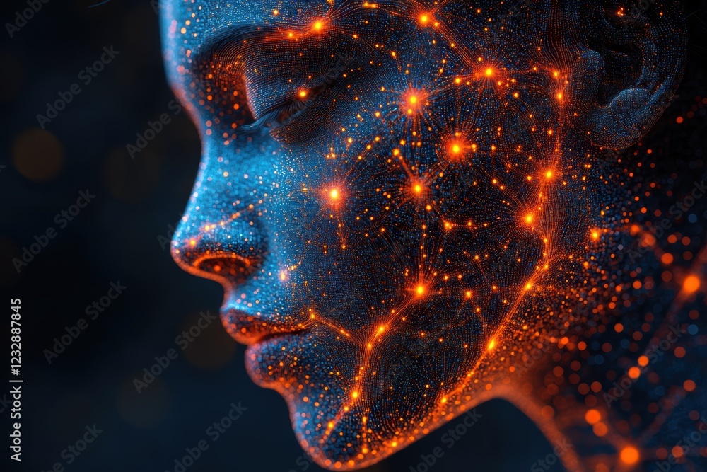 Poster artificial intelligence depicted through a glowing, interconnected neural network face design