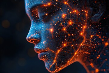 Artificial intelligence depicted through a glowing, interconnected neural network face design