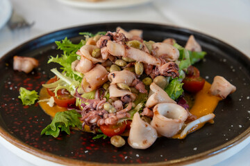 Salad with little squids on black plate for statrte in Spain