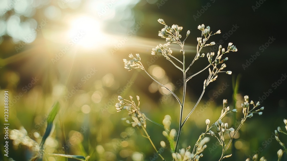 Poster sunny spring meadow with lush green grass and a bright blue sky. the setting includes an abstract ba